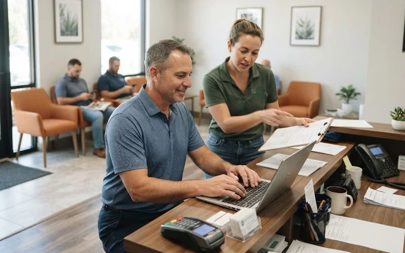 Clinic front desk staff member reviewing a corrected contact details form on a tablet