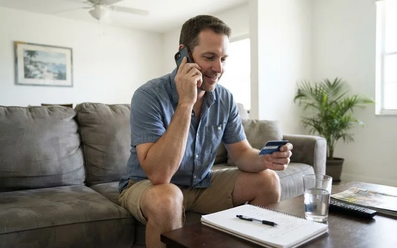 A person on the phone with a health plan representative, holding an insurance card and taking notes beside a list of coverage questions