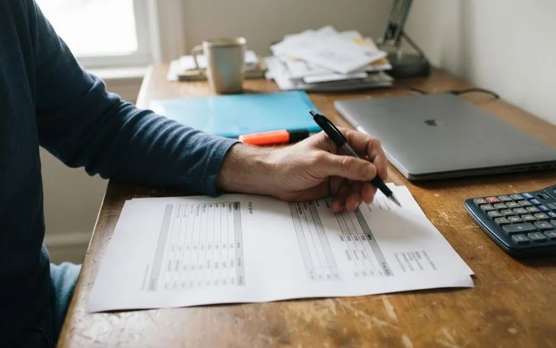 A person comparing two itemized clinic price sheets on a table, with a calculator and a notepad listing lab and consultation fees