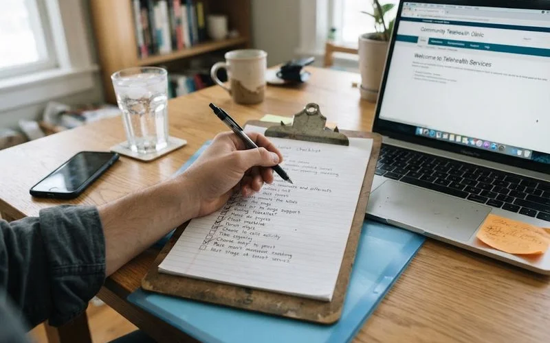 A laptop on a kitchen table showing a telehealth video consultation, next to a notepad with a checklist of provider questions