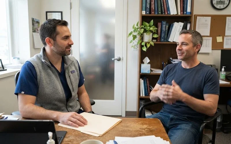 A clinician explaining a diagram of contributing factors to a patient in a private consultation room with a box of tissues on the desk